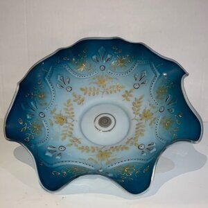 Antique Blue Ruffled Bride's Bowl, Hand Painted Enamel Art/Victorian Glass